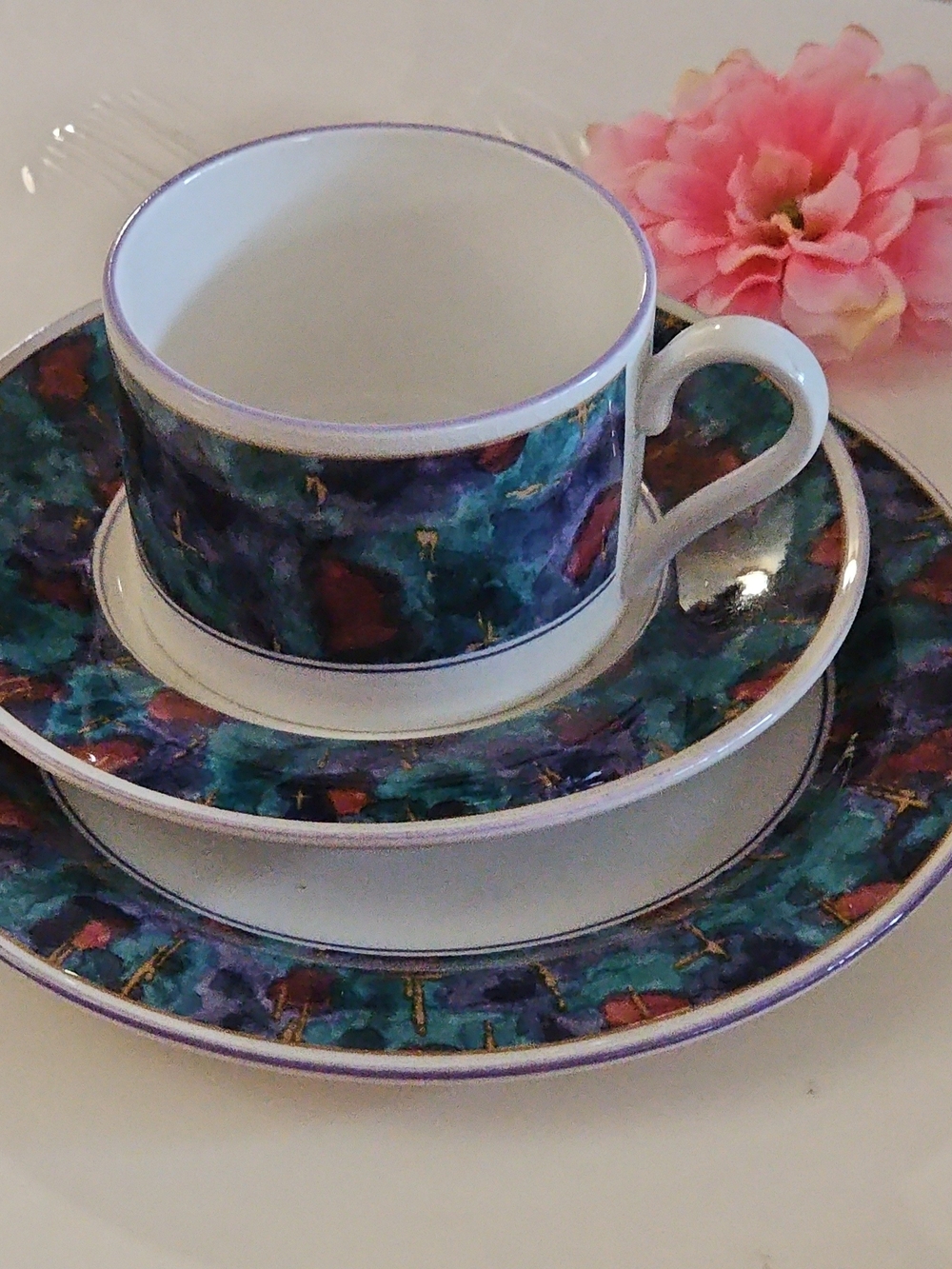 Sango White Porcelain Cup, Saucer & Plate Set with Teal and Purple Accents